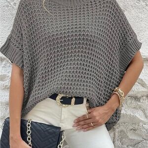 Anrabess Women's Gray Mock-neck Sweater-Boho Sweater crochet woman’s sweater M